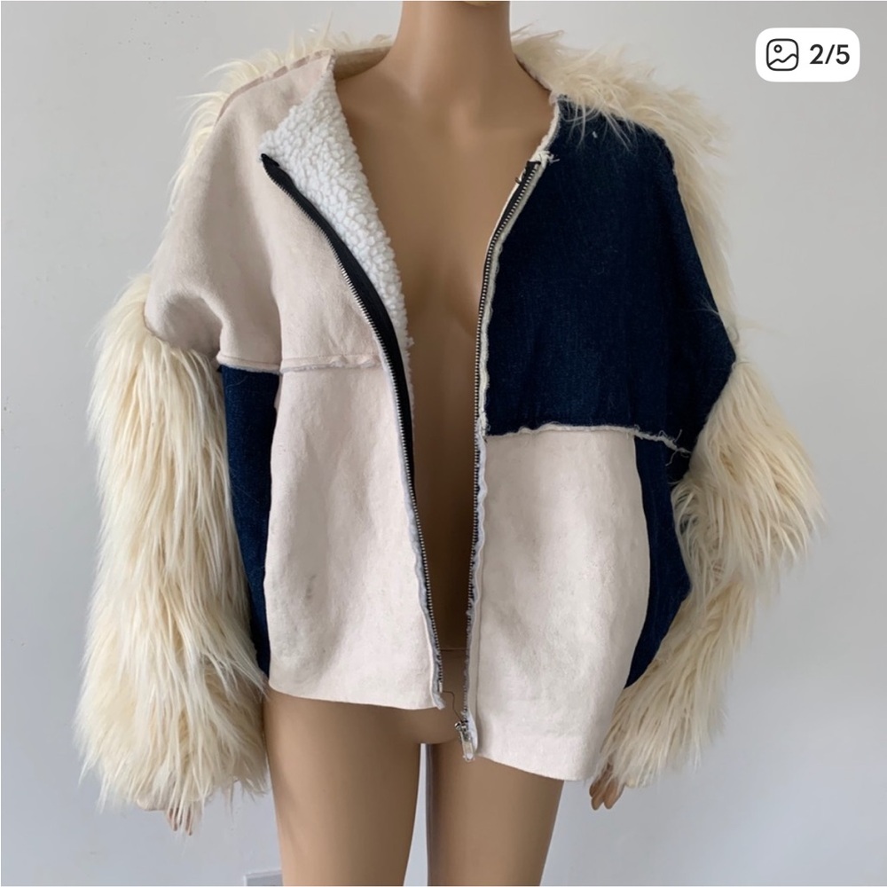 NUDE Denim & Suede Like Jacket with Fur Sleeves